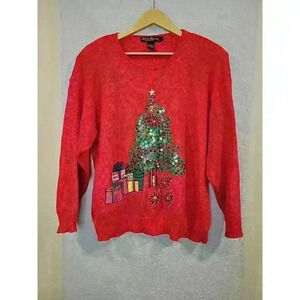 Work In Progress Womens Ramie Blend Red Christmas Sweater Sequin Tree L Bells